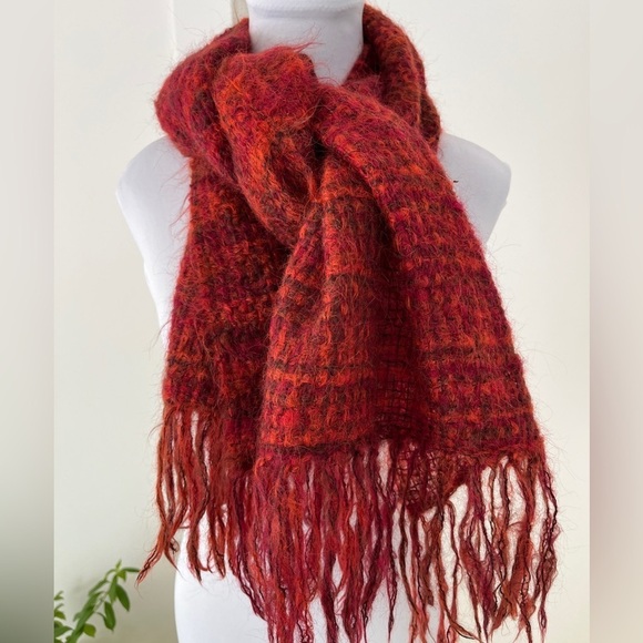SCARF Shawl Oversize Fuzzy Fringe Woven Cozy Orange Warm Tones Winter Commute - Picture 2 of 10
